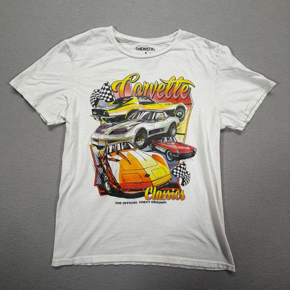 Chemistry Mens T-Shirt Regular White Corvette Classics Graphic Chevy Small
